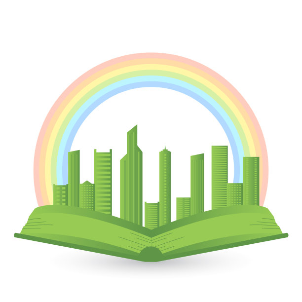 在城市上空绘有彩虹的书的插图图片下载