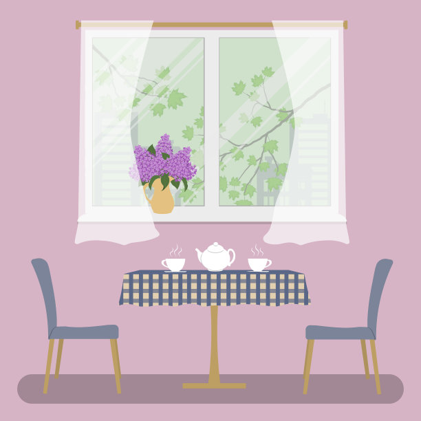 一张铺着格子桌布的桌子，窗户背景上有两把紫色的椅子图片下载