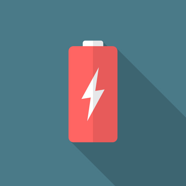 带有长影子的电池图标。平面设计风格。素材图片