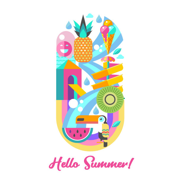 水上公园。你好,夏天。向量的剪纸艺术。图片下载