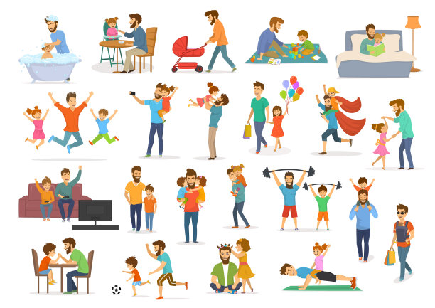 爸爸和孩子收集，爸爸和孩子男孩和女孩玩有趣的跳，走，玩超级英雄足球视频游戏，自拍，拥抱亲吻，读书，锻炼，喂奶洗澡，素材图片