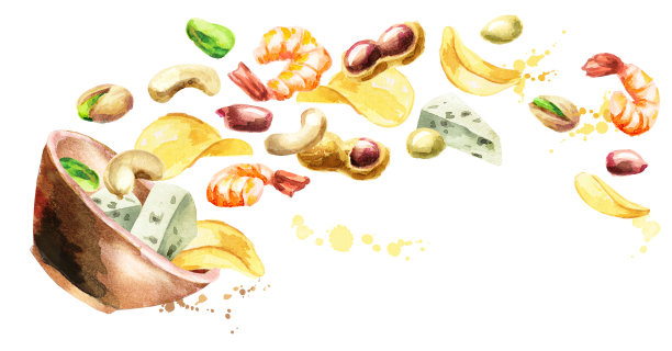 碗小吃。手绘水平水彩图片下载