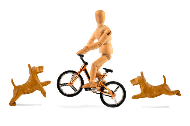 木制假人在自行车上的危险，因为没有拴狗，跳狗图片下载