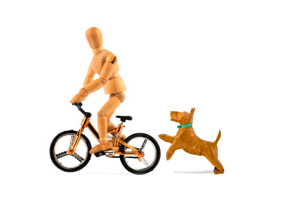 木制假人在自行车上的危险，因为没有拴狗，跳狗图片下载