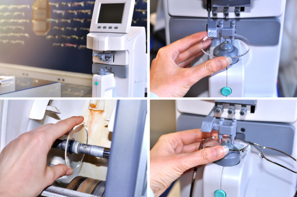 拼贴图像的眼镜制造工艺。医疗保健、医学和视觉理念。临床办公室专业眼科仪器及光学。验光师测量和准备眼镜图片下载