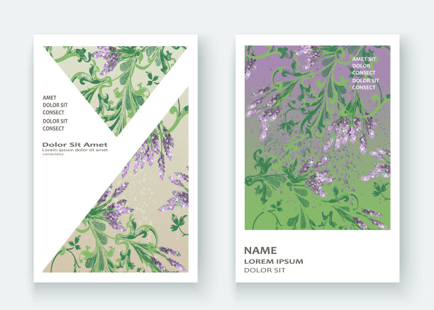 薰衣草花图案封面设计。手绘创意花。高雅时尚的艺术背景绽放绿叶枝桠。图形插图婚礼，请柬，海报，贺卡，封面书，目录向量素材图片