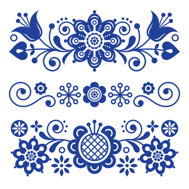 花卉民间艺术贺卡，设计元素，斯堪的纳维亚风格decor与鲜花和树叶，复古海军蓝花卉构成图片下载