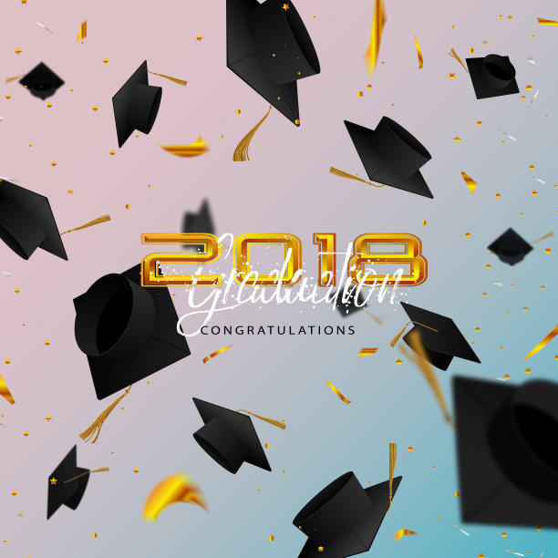 毕业生帽和五彩纸屑在明亮的背景上。帽子扔了。印刷问候，邀请卡与文凭，帽子，字母。图片下载