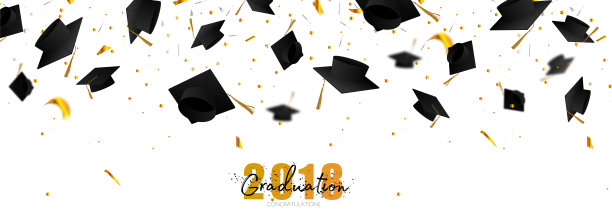 白色背景上的毕业生帽和五彩纸屑。帽子扔了。印刷问候，邀请卡与文凭，帽子，字母。图片下载