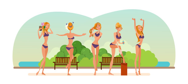 夏天在河边休息。穿着比基尼的女孩，在公园休息图片下载