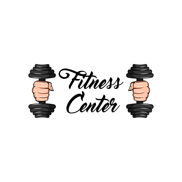 哑铃。健身中心标志标签。手里握着哑铃。向量。图片下载