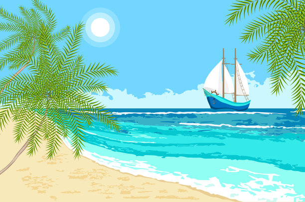 海上有帆船和棕榈枝图片下载
