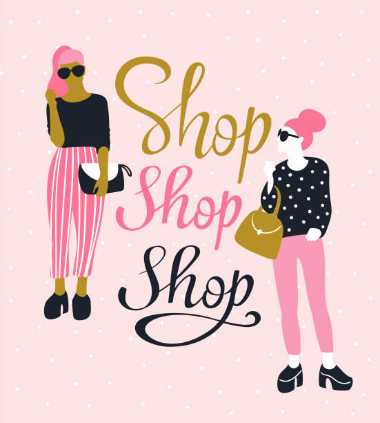 漂亮的年轻女人戴着太阳镜，上面写着“Shop Shop Shop”。矢量插图。图片下载