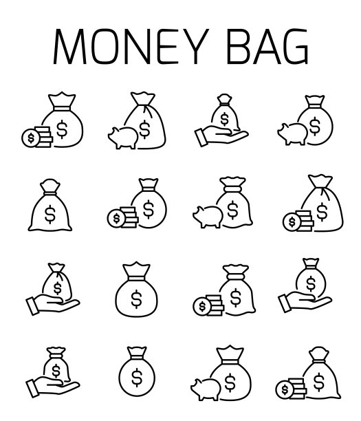 钱袋相关矢量图标设置。图片下载