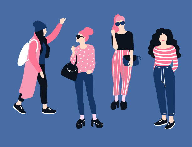 时尚的年轻女性，休闲的风格。矢量手绘时尚集与女孩。明亮的设计。图片下载