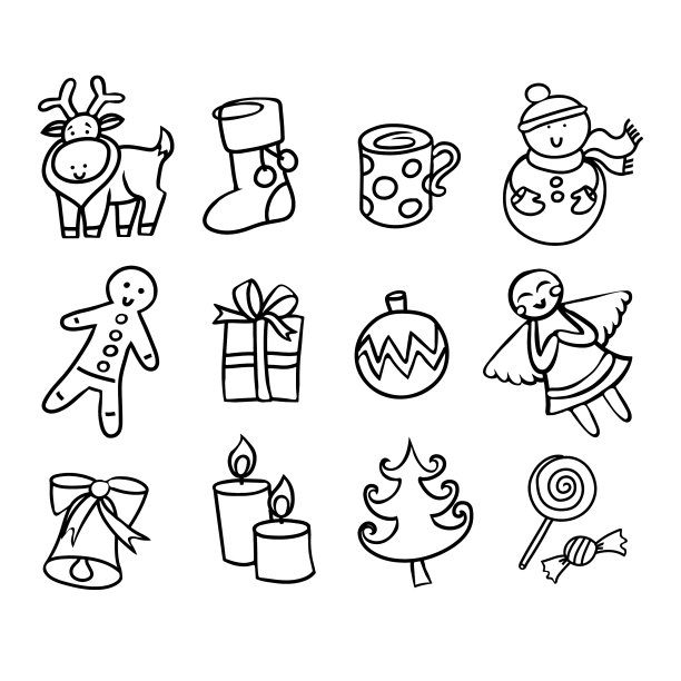 卡通手绘圣诞节图标素材，适用于明信片、海报、banner、印刷品和邀请函图片下载
