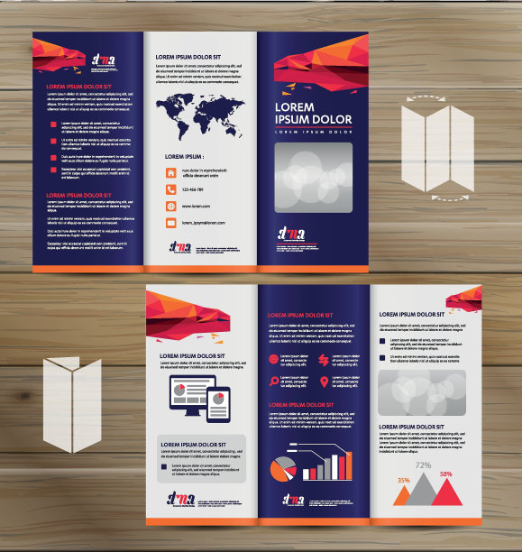 三折宣传册模型，三折宣传册背景的逼真渲染，3D插图。抽象商业三折传单向量设计集，三折展示布局a4大小图片下载