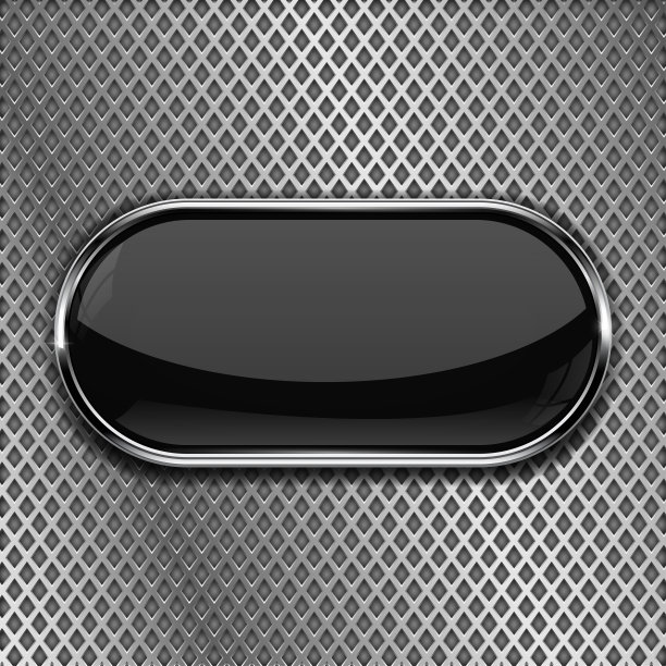 黑色椭圆形玻璃按钮，金属框架。穿孔的背景图片下载