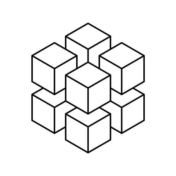 8个更小的等距立方体的几何立方体。抽象的设计元素。科学或建构概念。黑色轮廓三维矢量对象图片下载