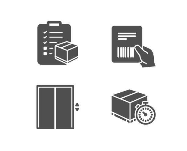 升降机，包裹发票和包裹清单图标。交付计时器的迹象。图片下载