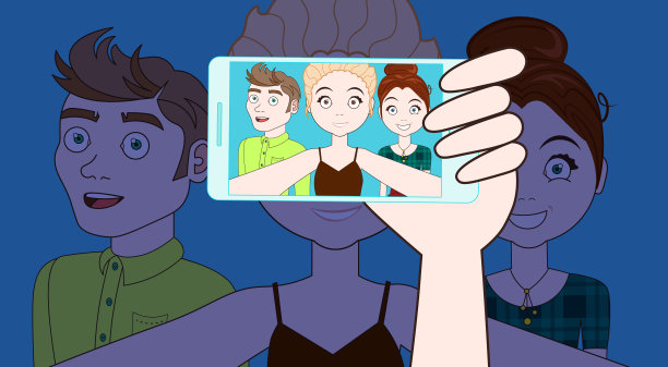 手拿智能手机自拍年轻人在一起快乐的微笑图片下载