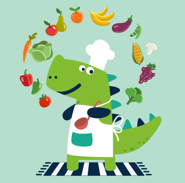 可爱和微笑的恐龙在厨师制服和水果和蔬菜。健康食物载体概念图片下载