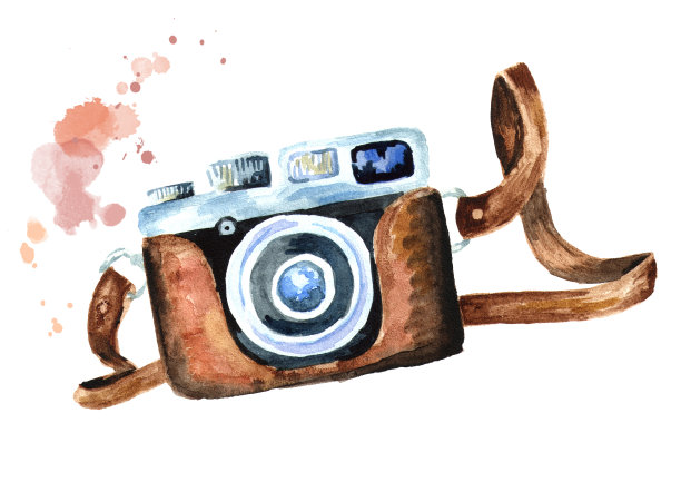 相机孤立在白色背景上。水彩手绘插图素材图片
