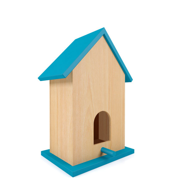 蓝色屋顶的木制鸟舍孤立在白色背景上图片下载