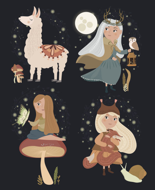 矢量插图与女孩和森林植物和羊驼。图片下载