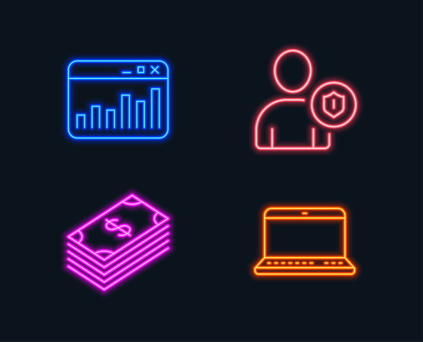 安全，市场统计和美元图标。笔记本的信号。人身保护，网络分析，美元货币。图片下载