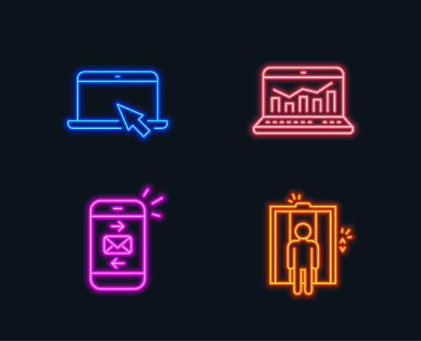 邮件、网络分析和便携式电脑图标。电梯的迹象。图片下载