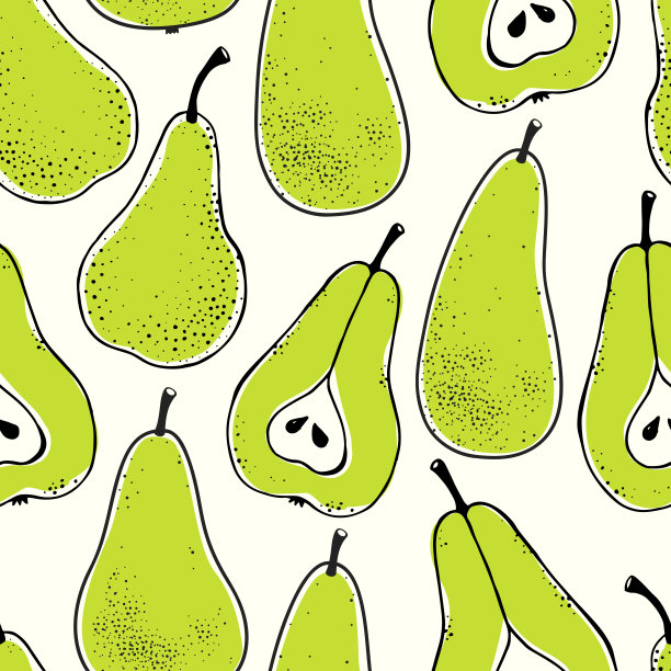 天衣无缝的自然图案与水果素描。绿色矢量背景与梨。热带食物图片下载