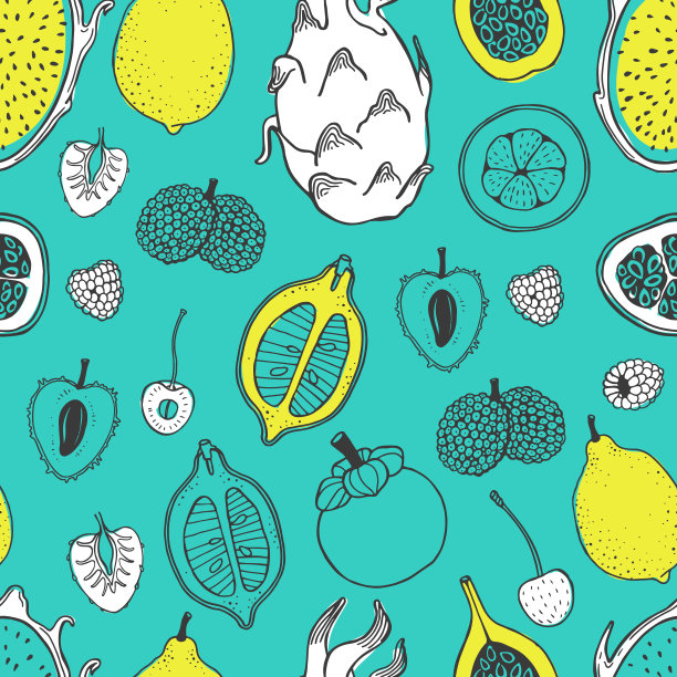 天衣无缝的自然图案与水果素描。黄色和白色矢量线插图木瓜，无花果，梨，桃，山竹，荔枝在绿松石背景。热带食物图片下载