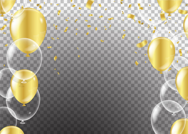 金色透明气球背景气球，矢量插图。五彩纸屑和丝带，庆典的背景模板图片下载