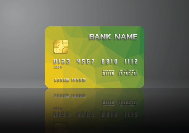 信用卡黄色和绿色，灰色背景和阴影。商业抽象设计。图片下载