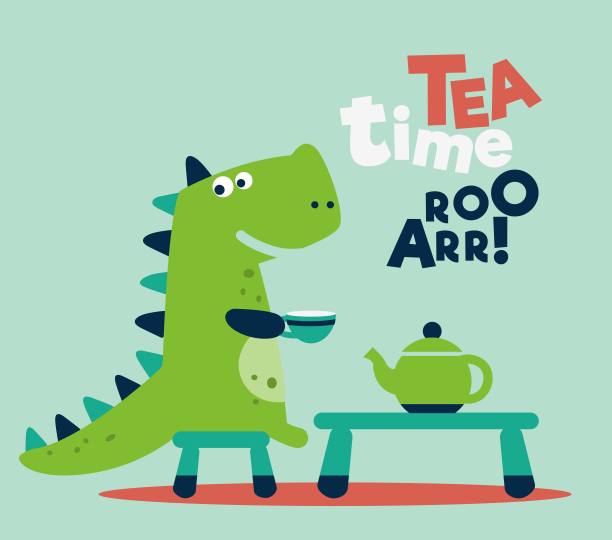可爱的恐龙在桌子上喝茶。Tea时间矢量概念图片下载