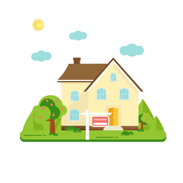 销售横幅，广告屋，有树的小屋。图片下载