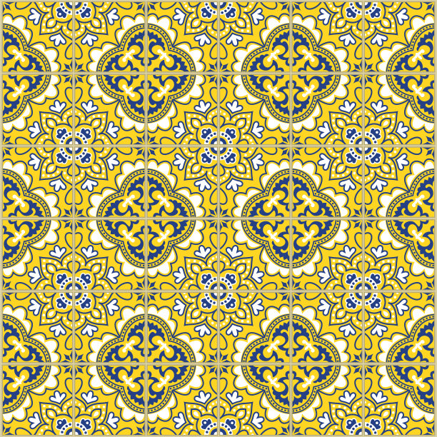 无缝模式与葡萄牙瓷砖。矢量插图的Azulejo在白色的背景。地中海风格。蓝黄图案图片下载