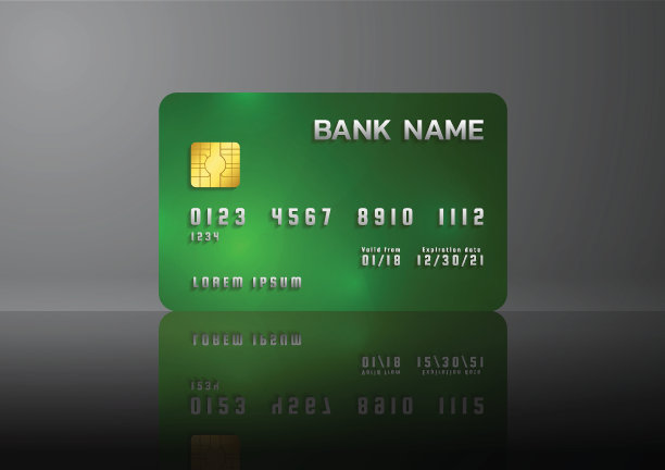 信用卡黄色和绿色，灰色背景和阴影。商业抽象设计。图片下载