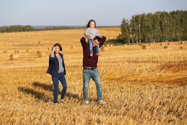 快乐的年轻家庭和2岁的女孩走在一个收获的田地图片下载
