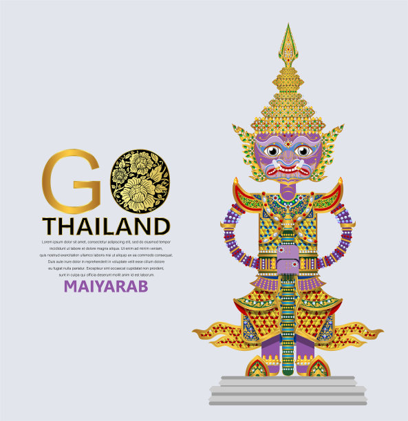 泰国巨大的罗摩衍那面具向量与黄金图案和水晶颜色。图片下载