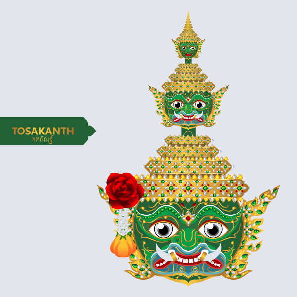 泰国巨大的罗摩衍那面具向量与黄金图案和水晶颜色。图片下载