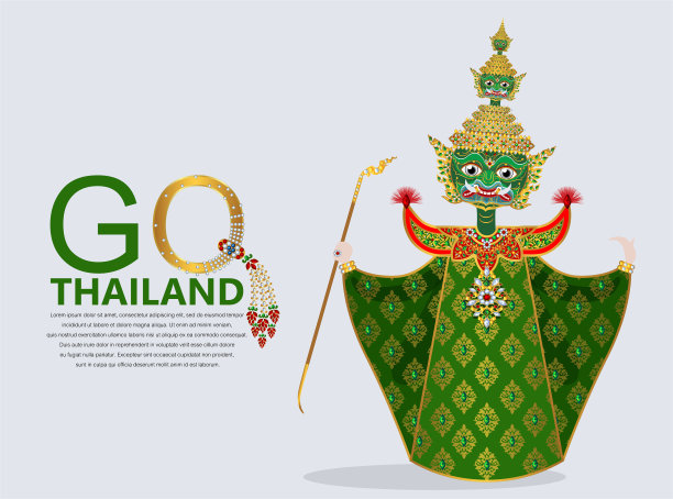 泰国巨大的罗摩衍那面具向量与黄金图案和水晶颜色。图片下载