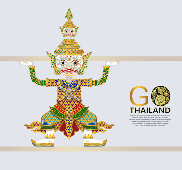 泰国巨大的罗摩衍那面具向量与黄金图案和水晶颜色。图片下载