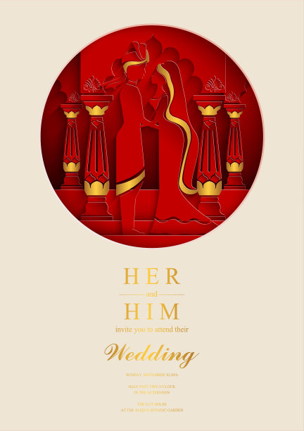 印度婚礼邀请卡模板与纸艺术和工艺风格。在纸上的颜色。图片下载