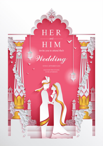 印度婚礼邀请卡模板与纸艺术和工艺风格。在纸上的颜色。图片下载