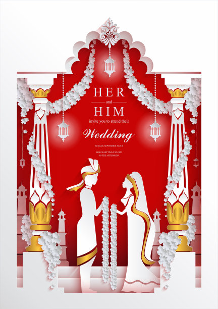 印度婚礼邀请卡模板与纸艺术和工艺风格。在纸上的颜色。图片下载