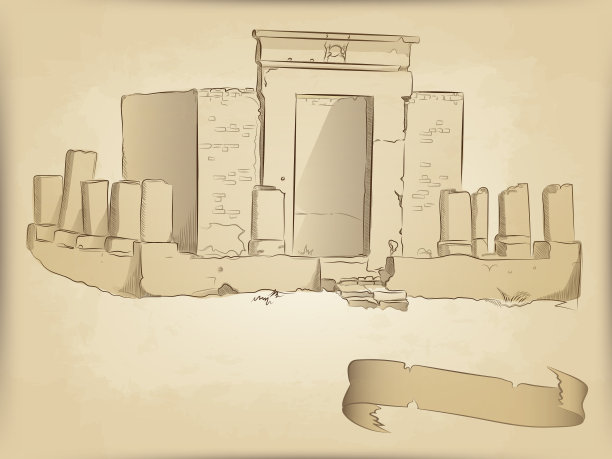 寺庙的古代遗址，建筑和被毁坏的柱子，手工素描，背景是旧羊皮纸，卷曲的丝带，米色和棕色图片下载