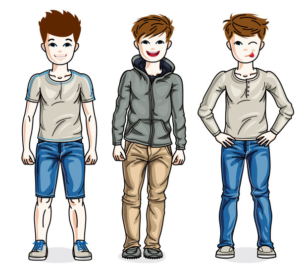 快乐的少年男孩穿着时尚的休闲服装摆姿势。矢量集美丽的孩子插图。童年和家庭生活漫画。图片下载