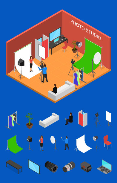 摄影工作室室内家具和元素部分等角视图。向量图片下载